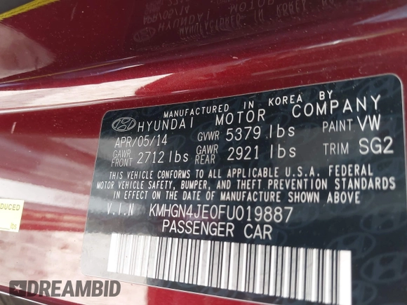 2015 Hyundai Genesis 3.8L z VIN KMHGN4JE0FU019887, wystawiony jako IAAI lot #42041021 z przebiegiem 170 492 mil mil oraz . Historia ofert i sprzedaży dostępna na DreamBid. Obrazek 9.