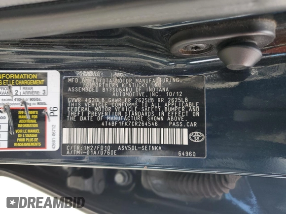 2012 Toyota Camry L with VIN 4T4BF1FK7CR264546, listed as a Copart auction lot 54993835 with 263,463 mi miles and Clean Title. Bid and sale history available at carsss.com. Image 12.