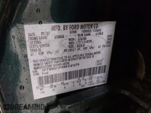 2008 Ford F-250 XL with VIN 1FTSW21R58EC41275, listed as a IAAI auction lot 41259603 with 296,092 mi miles and . Bid and sale history available at DreamBid. Image 9.