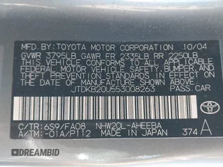 2005 Toyota Prius with VIN JTDKB20U553008263, listed as a IAAI auction lot 42149210 with 235,510 mi miles. Bid and sale history available at carsss.com. Image 9.