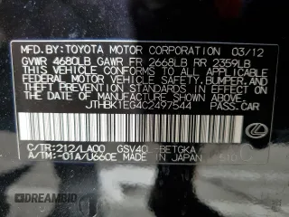 2012 Lexus ES 330 with VIN JTHBK1EG4C2497544, listed as a Copart auction lot 60679305 with 108,574 mi miles and Salvage title. Bid and sale history available at DreamBid. Image 12.