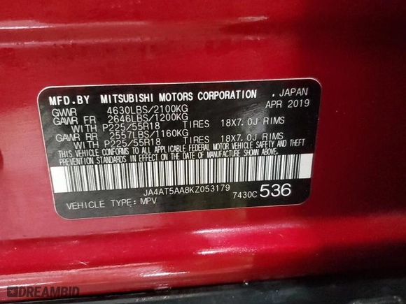 2019 Mitsubishi Eclipse Cross SE with VIN JA4AT5AA8KZ053179, listed as a Copart auction lot 45463845 with 76,525 mi miles and Clean Title. Bid and sale history available at carsss.com. Image 14.
