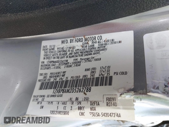 2013 Ford Mustang V6 z VIN 1ZVBP8AM2D5262788, wystawiony jako IAAI lot #41782437 z przebiegiem 54 013 mil mil oraz . Historia ofert i sprzedaży dostępna na DreamBid. Obrazek 9.