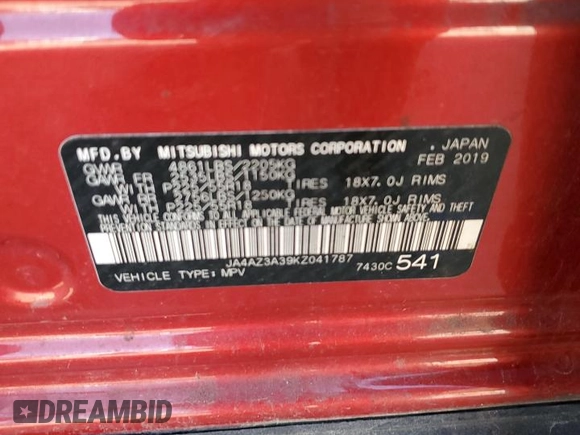 2019 Mitsubishi Outlander ES with VIN JA4AZ3A39KZ041787, listed as a Copart auction lot 62898365 with 66,717 mi miles and Clean title. Bid and sale history available at DreamBid. Image 13.