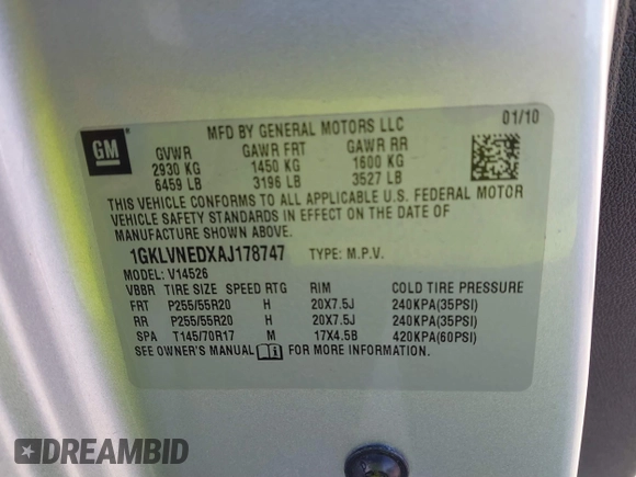 2010 GMC Acadia SLT2 с VIN 1GKLVNEDXAJ178747, выставлен на аукционе IAAI как лот 40678809 с пробегом 180 520 миль миль и . История ставок и продаж доступна на DreamBid. Изображение 9.
