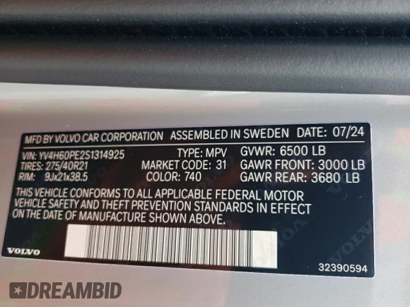2025 Volvo XC90 with VIN YV4H60PE2S1314925, listed as a Copart auction lot 51448875 with 2,537 mi miles and Salvage Title. Bid and sale history available at DreamBid. Image 13.