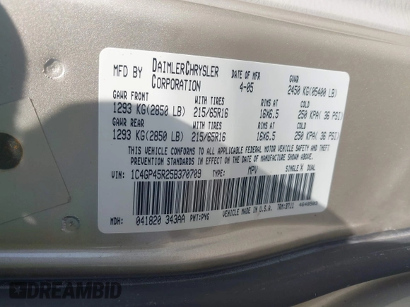 2005 Chrysler Town & Country with VIN 1C4GP45R25B370709, listed as a IAAI auction lot 42034770 with 147,675 mi miles. Bid and sale history available at carsss.com. Image 9.