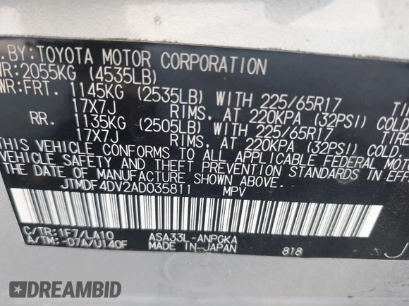 2010 Toyota RAV4 Limited with VIN JTMDF4DV2AD035811, listed as a IAAI auction lot 42384416 with Not provided miles and . Bid and sale history available at DreamBid. Image 9.