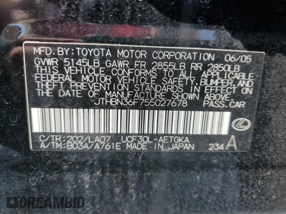 2005 Lexus LS 430 with VIN JTHBN36F755027678, listed as a Copart auction lot 48911105 with 222,379 mi miles and Salvage Title. Bid and sale history available at carsss.com. Image 15.