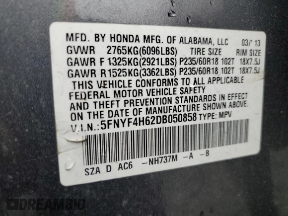 2013 Honda Pilot EX-L with VIN 5FNYF4H62DB050858, listed as a Copart auction lot 45587785 with 177,775 mi miles and Salvage Title. Bid and sale history available at carsss.com. Image 15.