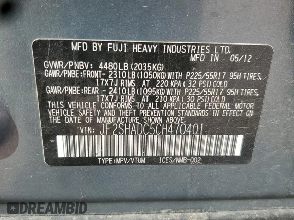 2012 Subaru Forester X Premium с VIN JF2SHADC5CH470401, выставлен на аукционе Copart как лот 60984165 с пробегом 168 645 миль миль и Списание • Salvage title. История ставок и продаж доступна на DreamBid. Изображение 13.