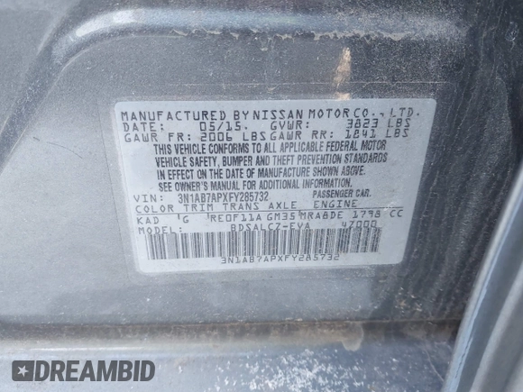 2015 Nissan Sentra S with VIN 3N1AB7APXFY285732, listed as a IAAI auction lot 41591212 with 137,721 mi miles. Bid and sale history available at carsss.com. Image 9.