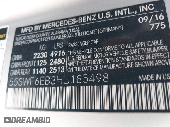 2017 Mercedes-Benz C 43 AMG with VIN 55SWF6EB3HU185498, listed as a IAAI auction lot 41989123 with 92,981 mi miles and . Bid and sale history available at DreamBid. Image 9.