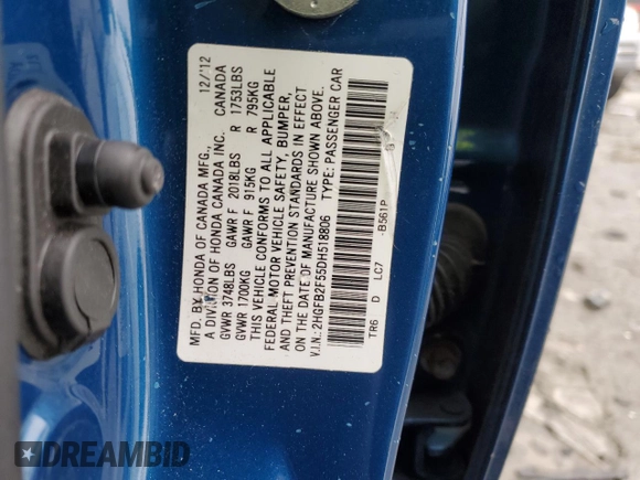 2013 Honda Civic LX with VIN 2HGFB2F55DH518806, listed as a Copart auction lot 51076125 with 109,702 mi miles and Salvage Title. Bid and sale history available at DreamBid. Image 12.