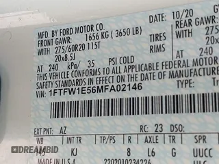 2021 Ford F-150 XL with VIN 1FTFW1E56MFA02146, listed as a IAAI auction lot 41245497 with 1 mi miles. Bid and sale history available at carsss.com. Image 9.
