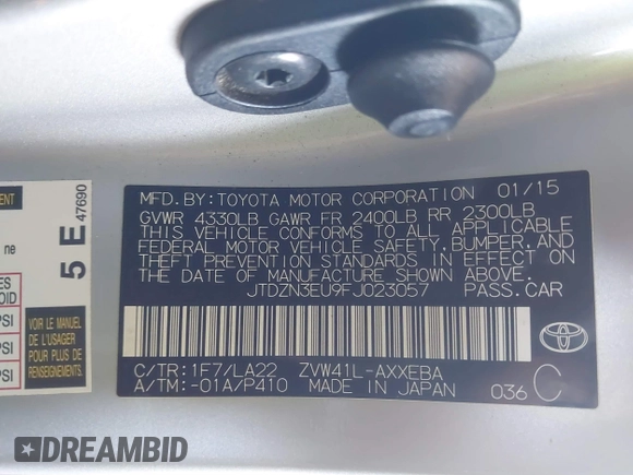 2015 Toyota Prius Two with VIN JTDZN3EU9FJ023057, listed as a IAAI auction lot 41645322 with 95,078 mi miles and . Bid and sale history available at DreamBid. Image 9.