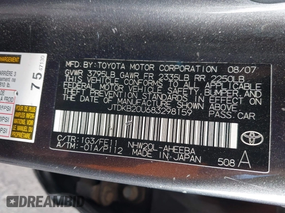 2008 Toyota Prius with VIN JTDKB20U683298159, listed as a IAAI auction lot 42174781 with 266,523 mi miles. Bid and sale history available at carsss.com. Image 9.