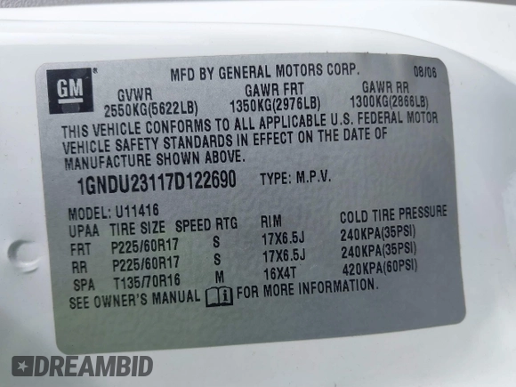 2007 Chevrolet Uplander LS with VIN 1GNDU23117D122690, listed as a IAAI auction lot 41912053 with 161,206 mi miles and . Bid and sale history available at DreamBid. Image 9.