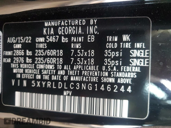 2022 Kia Sorento X-Line S with VIN 5XYRLDLC3NG146244, listed as a Copart auction lot 81546714 with 26,988 mi miles and Salvage Title. Bid and sale history available at DreamBid. Image 14.