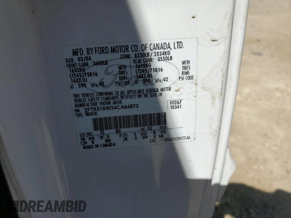 2004 Ford F-150 XL with VIN 2FTRX18W34CA64873, listed as a Copart auction lot 63946475 with 73,423 mi miles and Salvage title. Bid and sale history available at DreamBid. Image 12.
