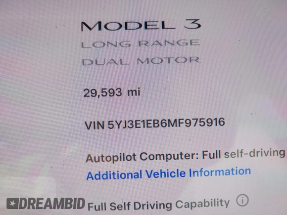2021 Tesla Model 3 Long Range with VIN 5YJ3E1EB6MF975916, listed as a IAAI auction lot 40713749 with 29,593 mi miles and . Bid and sale history available at DreamBid. Image 7.