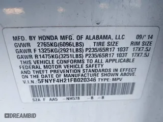 2015 Honda Pilot LX with VIN 5FNYF4H21FB020346, listed as a IAAI auction lot 41826905 with 156,953 mi miles. Bid and sale history available at carsss.com. Image 9.