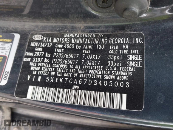 2013 Kia Sorento LX with VIN 5XYKTCA67DG405003, listed as a IAAI auction lot 42253887 with 197,093 mi miles and . Bid and sale history available at DreamBid. Image 9.