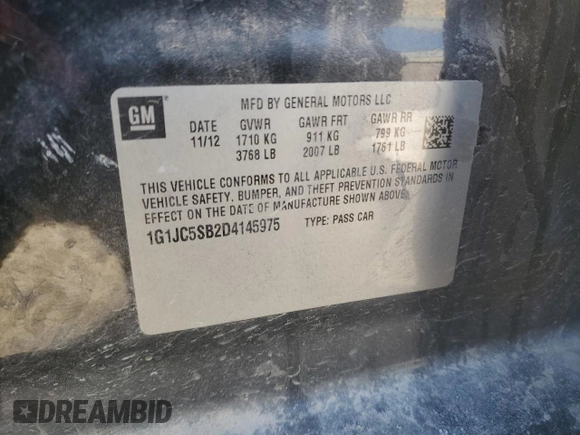 2013 Chevrolet Sonic LT with VIN 1G1JC5SB2D4145975, listed as a Copart auction lot 43541885 with 218,830 mi miles and Salvage Title. Bid and sale history available at DreamBid. Image 12.