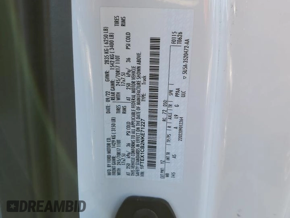2022 Ford F-150 XL z VIN 1FTEX1CB2NKE71227, wystawiony jako Copart lot #41760385 z przebiegiem 27 946 mil mil oraz Szkoda całkowita • Salvage title. Historia ofert i sprzedaży dostępna na DreamBid. Obrazek 12.