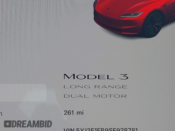 2025 Tesla Model 3 Long Range with VIN 5YJ3E1EB9SF928781, listed as a IAAI auction lot 41870681 with 261 mi miles and . Bid and sale history available at DreamBid. Image 16.