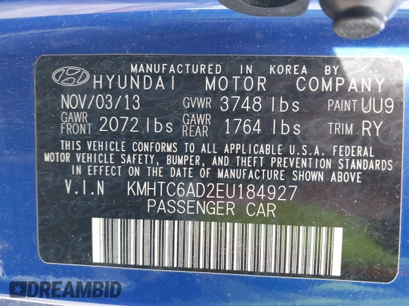 2014 Hyundai Veloster with VIN KMHTC6AD2EU184927, listed as a IAAI auction lot 42133499 with 103,499 mi miles. Bid and sale history available at carsss.com. Image 9.