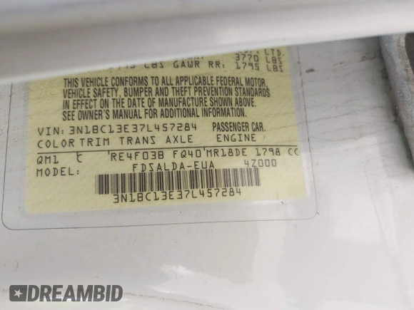2007 Nissan Versa S with VIN 3N1BC13E37L457284, listed as a IAAI auction lot 42327441 with 255,089 mi miles and . Bid and sale history available at DreamBid. Image 9.