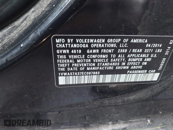 2014 Volkswagen Passat Wolfsburg Edition with VIN 1VWAS7A37EC097863, listed as a IAAI auction lot 42251601 with 106,454 mi miles and . Bid and sale history available at DreamBid. Image 9.