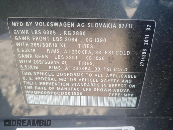 2012 Volkswagen Touareg Sport z VIN WVGFK9BP6CD001309, wystawiony jako Copart lot #52827875 z przebiegiem 153 250 mil mil oraz Czysty tytuł • Clean title. Historia ofert i sprzedaży dostępna na DreamBid. Obrazek 12.