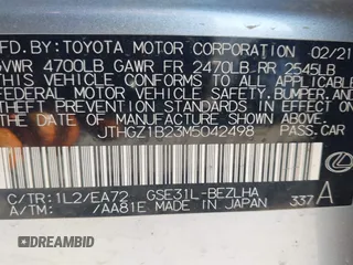 2021 Lexus IS with VIN JTHGZ1B23M5042498, listed as a IAAI auction lot 41975389 with 59,589 mi miles. Bid and sale history available at carsss.com. Image 9.