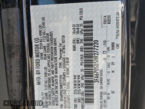 2017 Ford Fusion Titanium with VIN 3FA6P0SU5HR277220, listed as a Copart auction lot 63799685 with 123,837 mi miles and Salvage title. Bid and sale history available at DreamBid. Image 13.