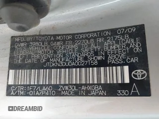 2010 Toyota Prius II with VIN JTDKN3DU0A0027158, listed as a IAAI auction lot 41920135 with 162,463 mi miles. Bid and sale history available at carsss.com. Image 9.