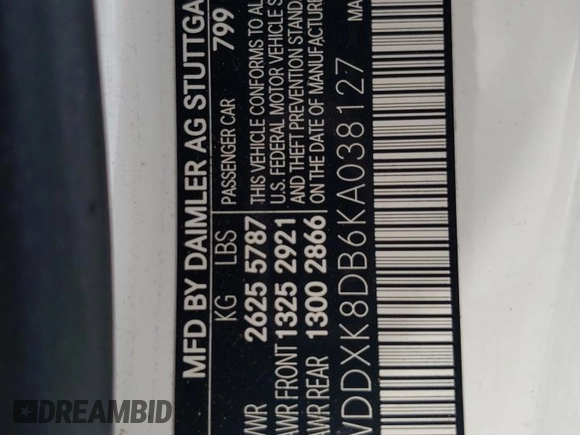 2019 Mercedes-Benz S-Class S 560 with VIN WDDXK8DB6KA038127, listed as a Copart auction lot 59466694 with 0 mi miles and Salvage Title. Bid and sale history available at carsss.com. Image 13.