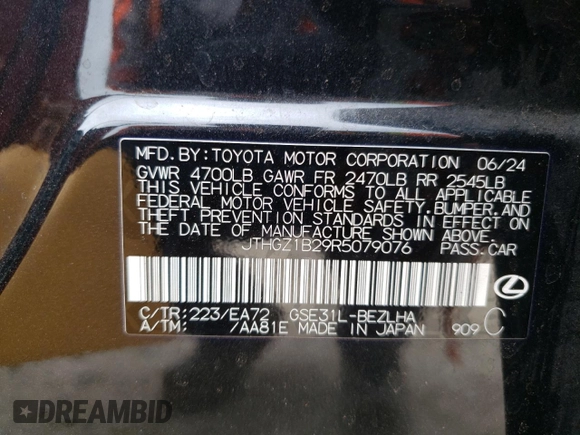 2024 Lexus IS 350 F Sport with VIN JTHGZ1B29R5079076, listed as a Copart auction lot 55539765 with 15,778 mi miles and Salvage title. Bid and sale history available at DreamBid. Image 13.
