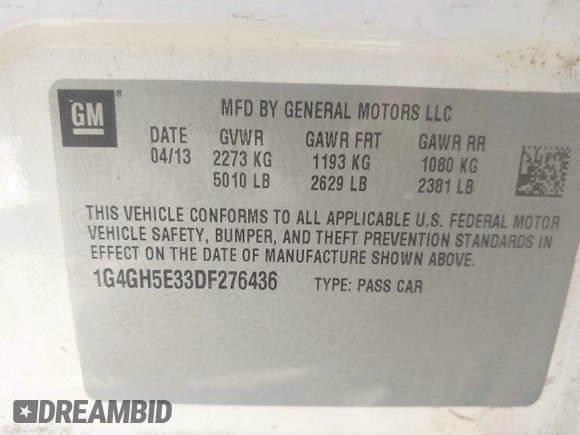 2013 Buick LaCrosse Premium 2 with VIN 1G4GH5E33DF276436, listed as a IAAI auction lot 41993678 with 171,761 mi miles and . Bid and sale history available at DreamBid. Image 9.