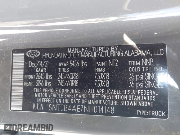 2022 Hyundai Santa Cruz SEL with VIN 5NTJB4AE7NH014148, listed as a IAAI auction lot 41263713 with 70,619 mi miles and . Bid and sale history available at DreamBid. Image 9.