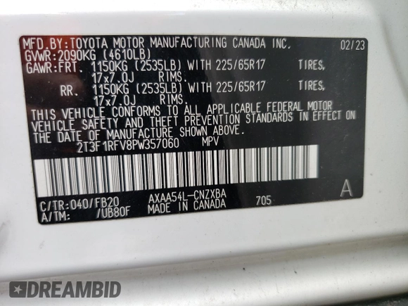 2023 Toyota RAV4 LE с VIN 2T3F1RFV8PW357060, выставлен на аукционе Copart как лот 55120095 с пробегом 43 104 миль миль и Списание • Salvage title. История ставок и продаж доступна на DreamBid. Изображение 13.