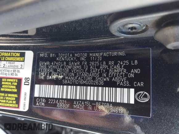 2021 Lexus ES with VIN 58AD11D16MU002636, listed as a IAAI auction lot 41850264 with 1 mi miles. Bid and sale history available at carsss.com. Image 9.