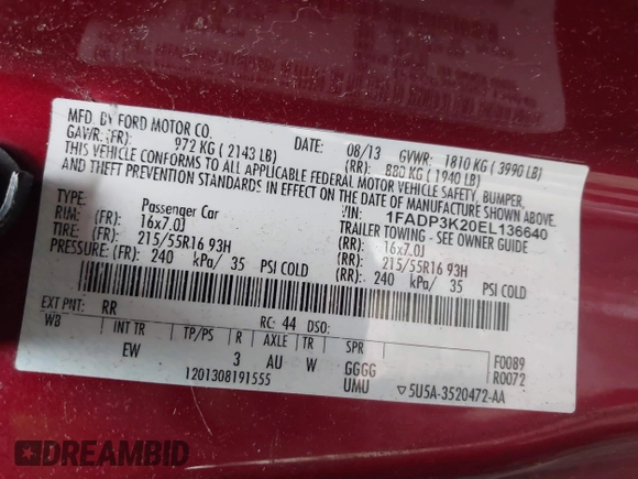 2014 Ford Focus SE with VIN 1FADP3K20EL136640, listed as a IAAI auction lot 42022467 with 137,475 mi miles. Bid and sale history available at carsss.com. Image 9.