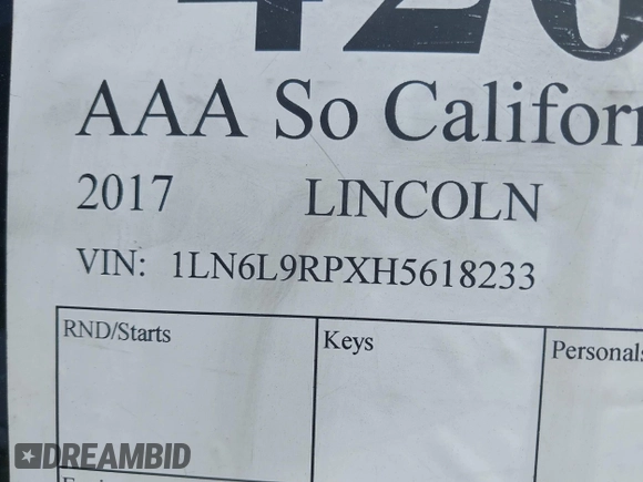 2017 Lincoln Continental Reserve with VIN 1LN6L9RPXH5618233, listed as a IAAI auction lot 42073706 with Not provided miles and . Bid and sale history available at DreamBid. Image 9.