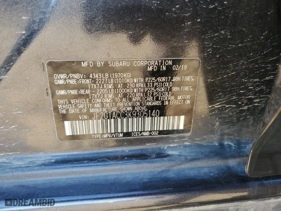 2019 Subaru Crosstrek Premium with VIN JF2GTACC3K9305140, listed as a Copart auction lot 82234814 with 131,209 mi miles and Non Repairable. Bid and sale history available at carsss.com. Image 13.