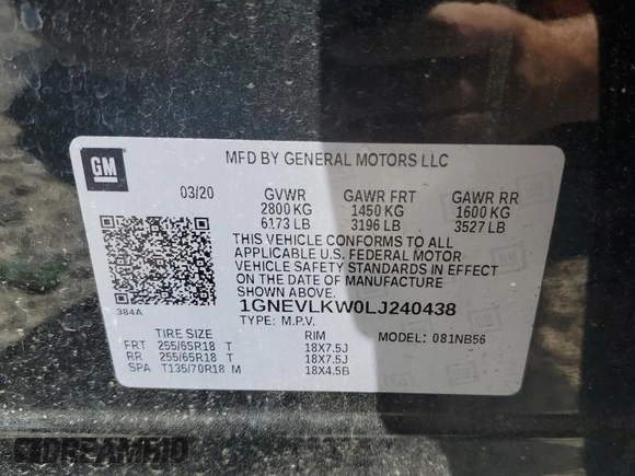 2020 Chevrolet Traverse LS with VIN 1GNEVLKW0LJ240438, listed as a Copart auction lot 58649684 with 0 mi miles and Non Repairable. Bid and sale history available at carsss.com. Image 13.