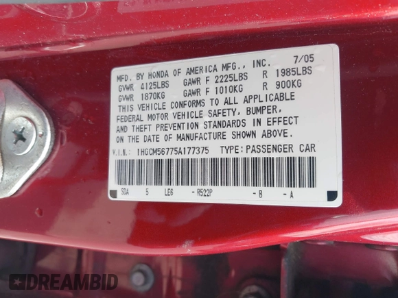 2005 Honda Accord EX with VIN 1HGCM56775A177375, listed as a IAAI auction lot 41934034 with 441,463 mi miles and . Bid and sale history available at DreamBid. Image 9.