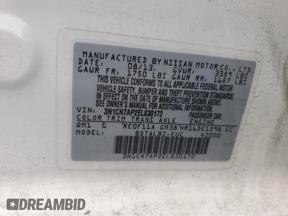2014 Nissan Versa SV with VIN 3N1CN7AP2EL830172, listed as a Copart auction lot 51309265 with 163,982 mi miles and Clean Title. Bid and sale history available at DreamBid. Image 12.