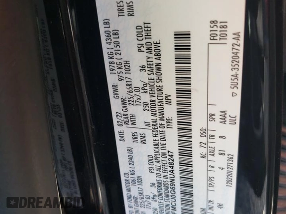 2022 Ford Escape SE with VIN 1FMCU0G69NUA48247, listed as a Copart auction lot 63770525 with Not provided miles and Salvage title. Bid and sale history available at DreamBid. Image 14.